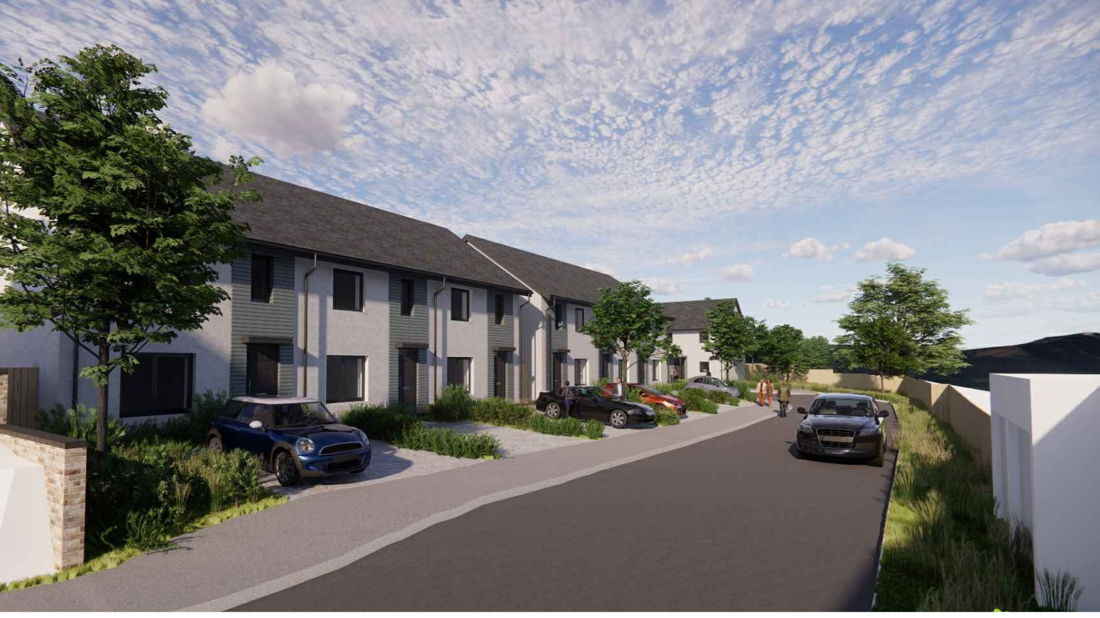Trivallis Housing Landlord Wales A rendered image of modern Trivallis housing on a residential street with a row of two-story houses, cars parked outside, and a clear blue sky with scattered clouds overhead.