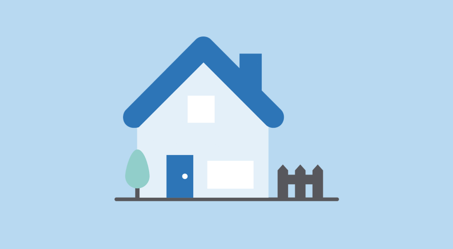 Trivallis Housing Landlord Wales A simple graphic illustration of a white house with a blue roof, alongside a small green tree and a gray fence, set against a plain light blue background. This design represents the essence of Trivallis