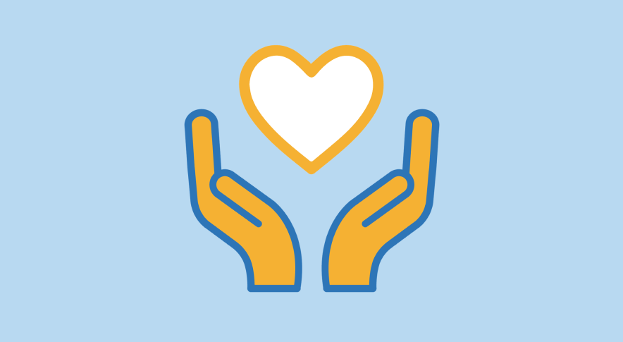 Trivallis Housing Landlord Wales Illustration of two hands gently cupping a heart symbol, set against a blue background, representing care, love, or charity in the context of Trivallis housing in RCT.