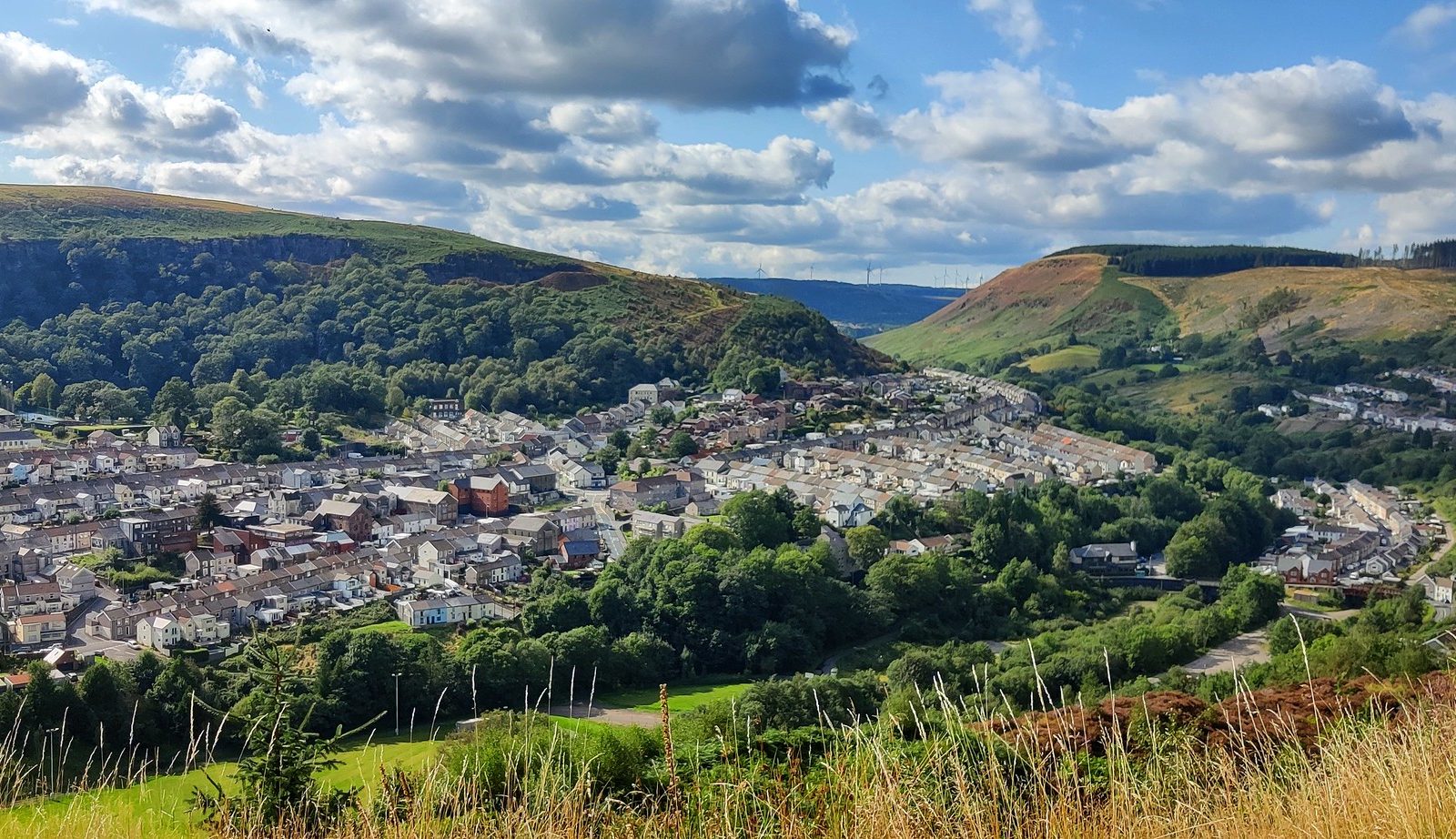 Trivallis Housing Landlord Wales A sprawling town known as Trivallis, nestled in a valley with residential housing areas concentrated at the center, surrounded by lush, green hills under a partly cloudy sky.