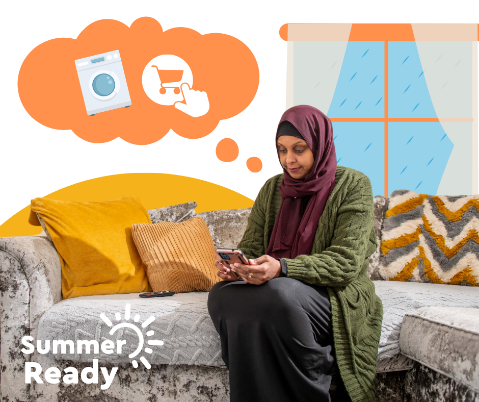 Trivallis Housing Landlord Wales A woman in a green cardigan and maroon hijab sits on a sofa, looking at her phone. Thought bubbles above her head show icons of a washing machine and a shopping cart. The phrase 