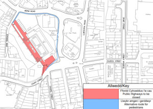 Trivallis Housing Landlord Wales A map outlining a temporary road closure in red and an alternative pedestrian route in blue. The closure affects Church Street and part of Tongwynlais Road. The map shows nearby roads, buildings, and a bus station. The key indicates closed highways and alternative routes.