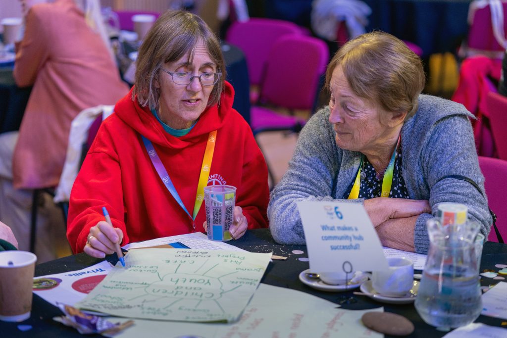 Trivallis Housing Landlord Wales Two women sit at a table, discussing a large paper filled with notes. They are in a room with other people. One woman is writing, and the other is attentively listening. Nearby are cups, saucers, and a sign reading "What makes a community hub successful?.