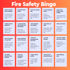 Trivallis Housing Landlord Wales Fire Safety Bingo card with red squares featuring various fire prevention tips. Each square lists a safety activity, such as testing smoke alarms regularly, using power strips correctly, keeping hallways clear, and knowing the escape plan.