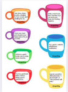 Trivallis Housing Landlord Wales A colorful infographic featuring six coffee cup graphics, each with a mindfulness tip such as deep breathing, smiling, visualizing a happy place, quick meditation, body scan, gratitude, and positive affirmations. Hashtags "#CupsofJoy" included.