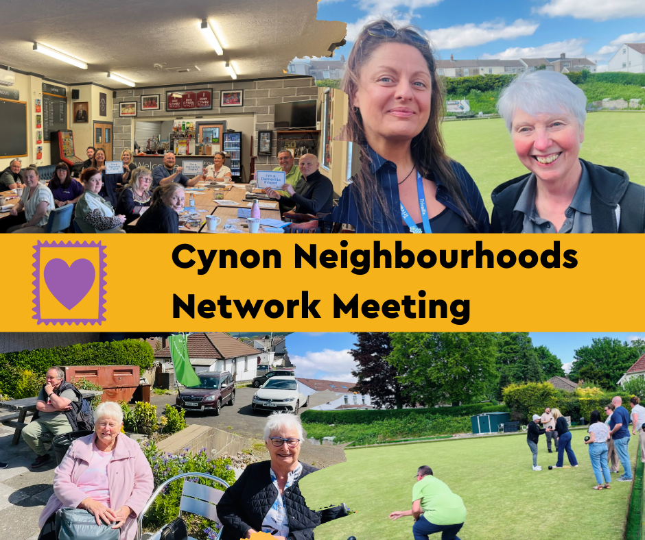 Trivallis Housing Landlord Wales Collage of community members at the Cynon Neighbourhoods Network Meeting. Images show people gathered indoors and outdoors, smiling, sitting, talking, and participating in group activities on a sunny day.