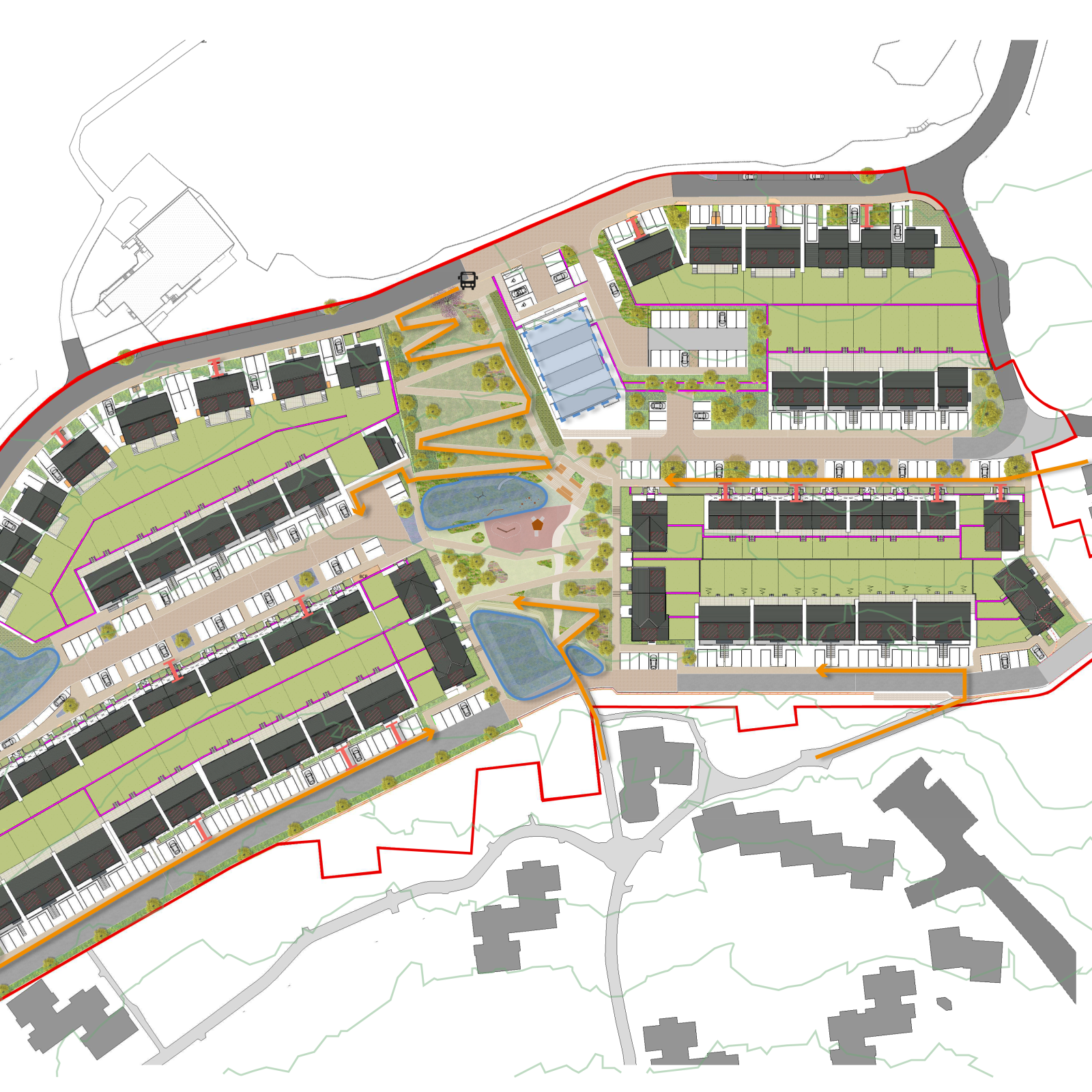 Trivallis Housing Landlord Wales A top-down site plan of a residential development, showing multiple rows of houses, green spaces, parking areas, ponds, and roads within a red boundary line. Neighboring buildings are shown in gray outside the boundary.