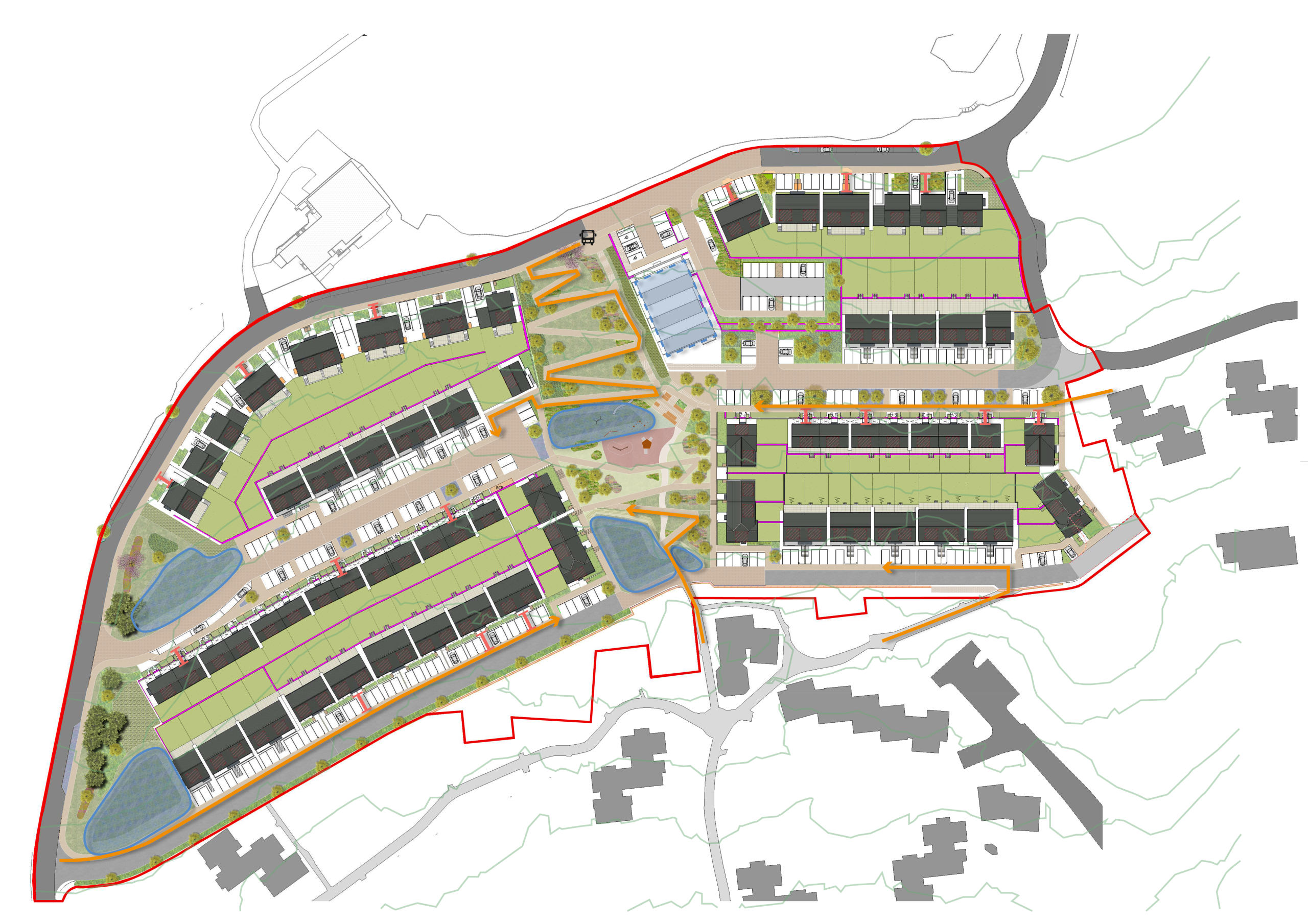 Trivallis Housing Landlord Wales A top-down site plan of a residential development, showing multiple rows of houses, green spaces, parking areas, ponds, and roads within a red boundary line. Neighboring buildings are shown in gray outside the boundary.