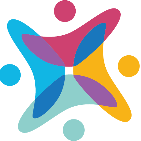 Trivallis Housing Landlord Wales Abstract logo with four colorful, curved shapes—blue, red, yellow, and teal—forming an X pattern with a white center, each shape paired with a matching circle at the tip, on a light background.