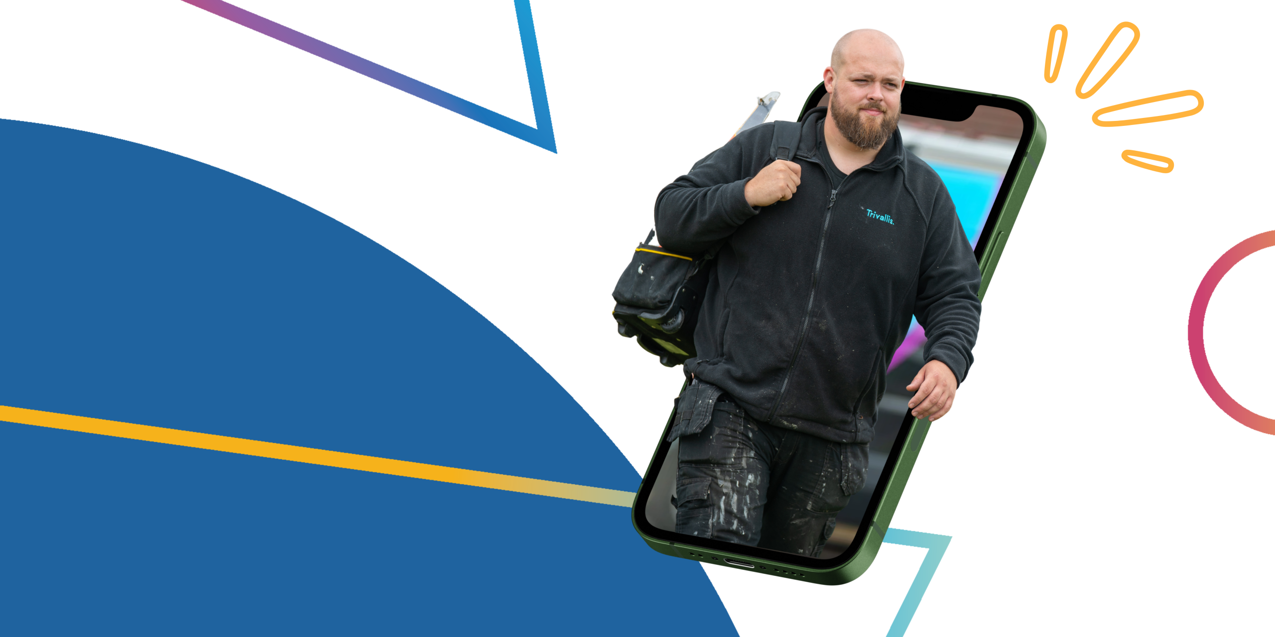 Trivallis Housing Landlord Wales A man with a beard, wearing a black jacket and carrying a tool bag, appears to step out of a smartphone screen. The background features abstract blue and orange geometric shapes.