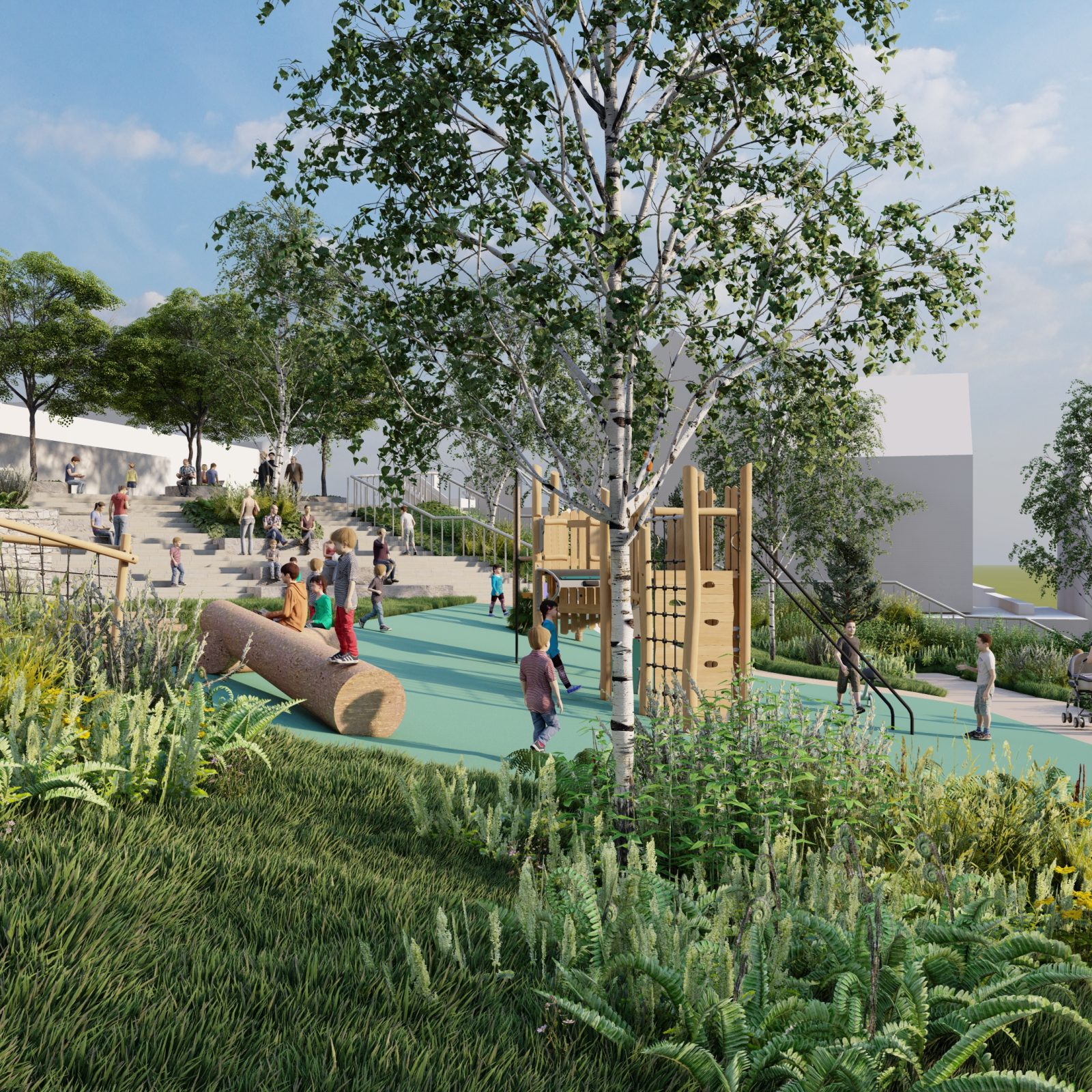 Trivallis Housing Landlord Wales Artists impression of Penrhys development shows children and adults in an outdoor playground with various climbing structures and greenery, surrounded by trees and plants, under a blue sky with scattered clouds.