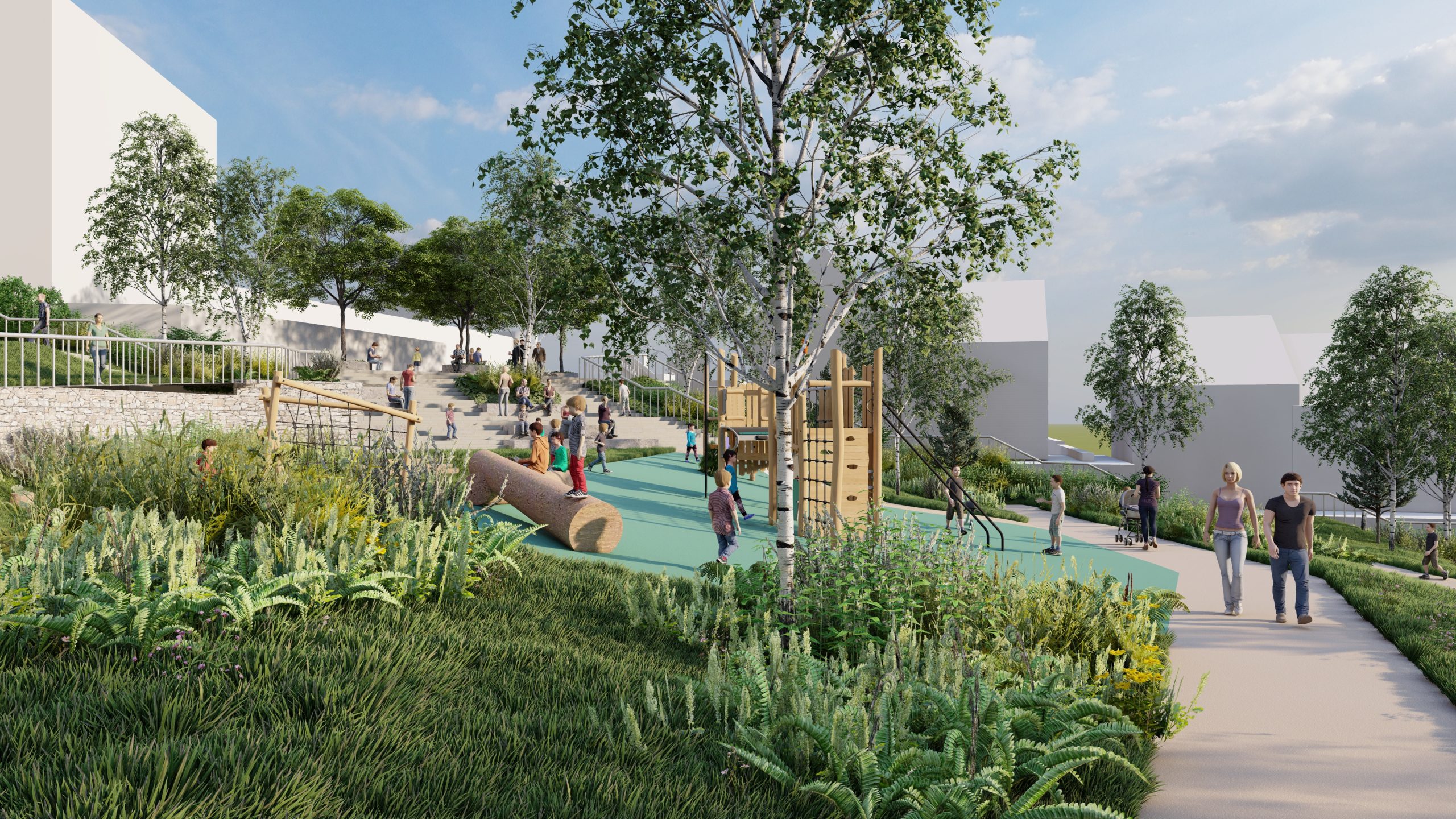 Trivallis Housing Landlord Wales Artists impression of Penrhys development shows children and adults in an outdoor playground with various climbing structures and greenery, surrounded by trees and plants, under a blue sky with scattered clouds.