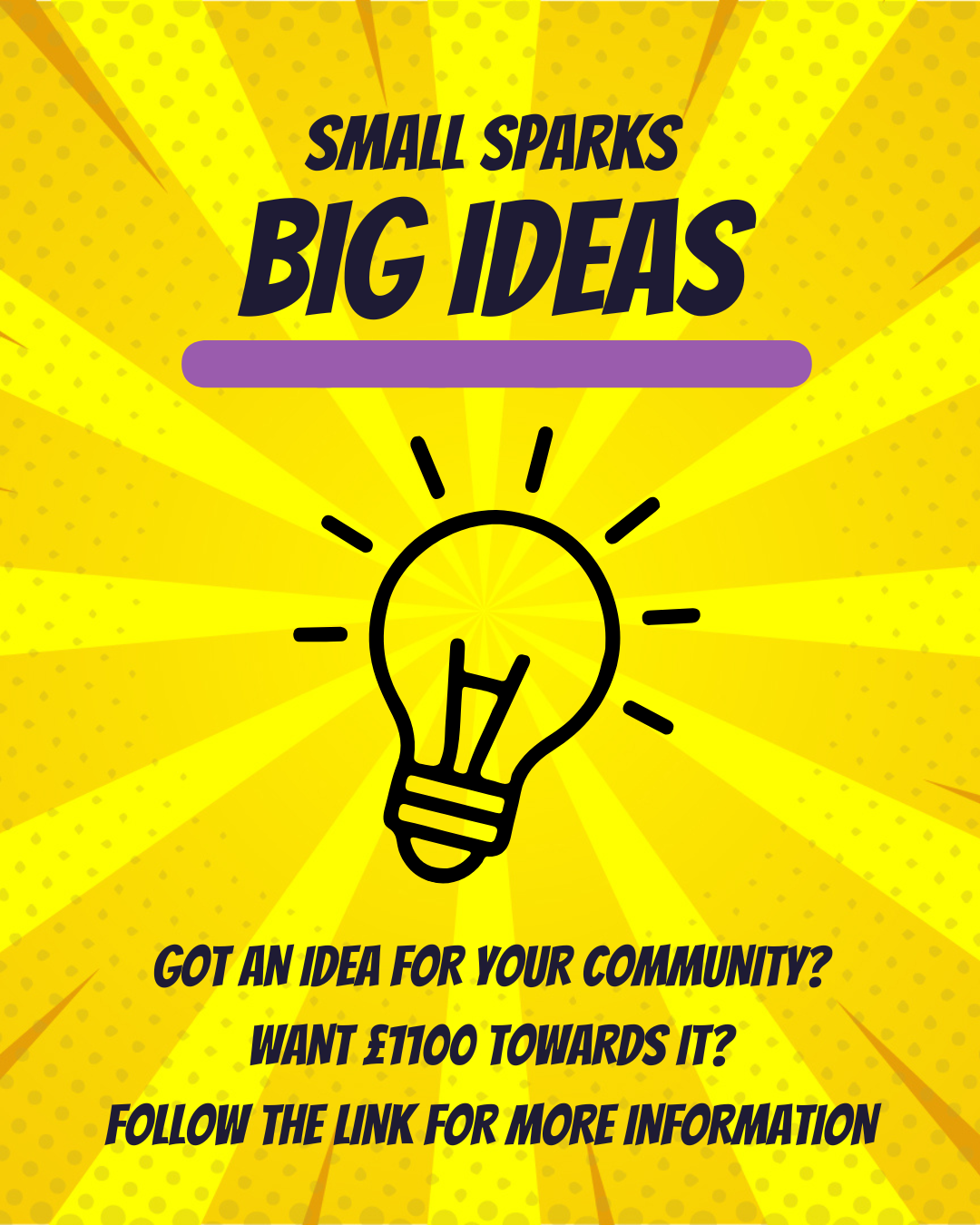 Trivallis Housing Landlord Wales Yellow graphic with rays and polka dots, black outline of a light bulb in the center. Text reads: "Small Sparks Big Ideas. Got an idea for your community? Want £1100 towards it? Follow the link for more information.