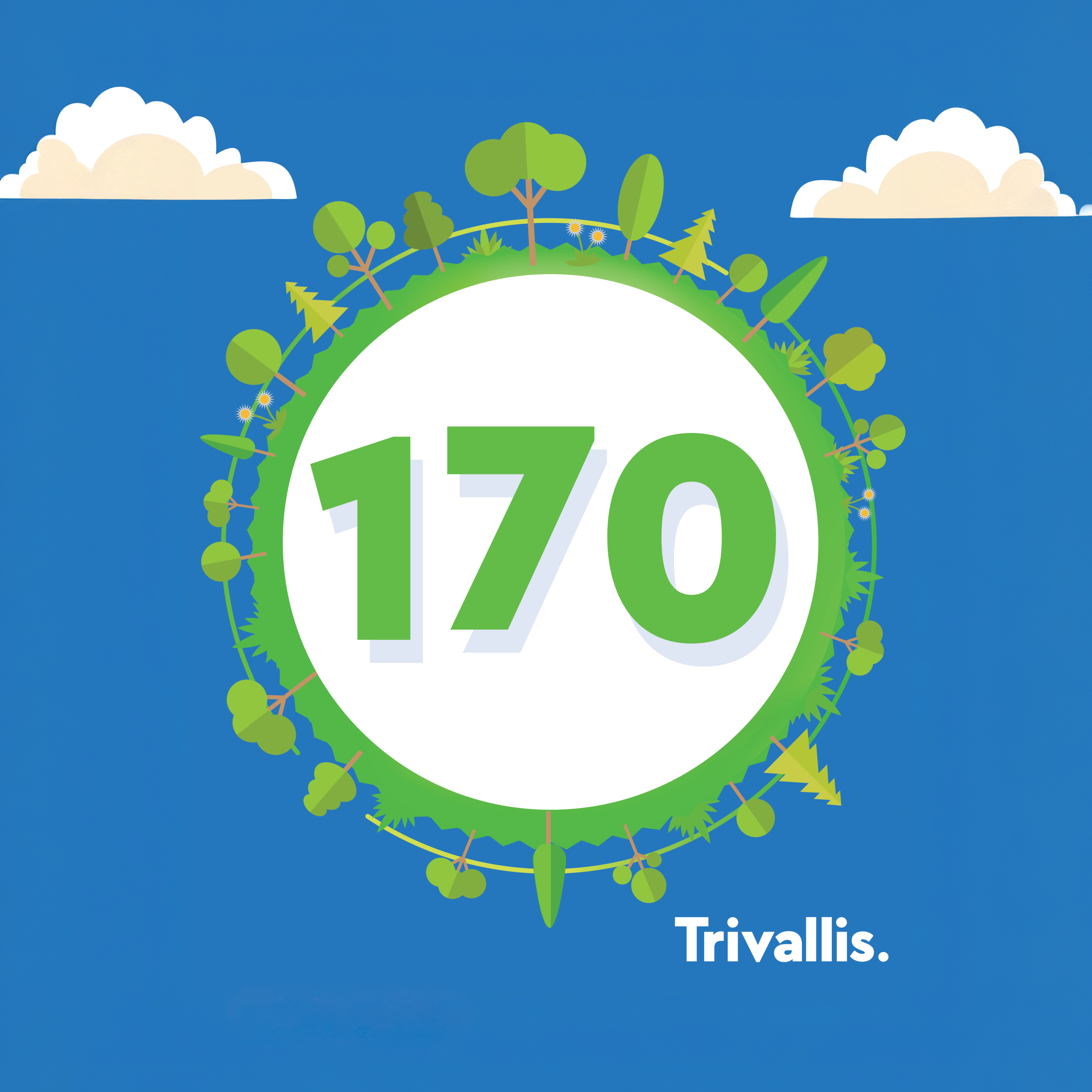 Trivallis Housing Landlord Wales A large green number "170" is centered in a white circle bordered with illustrated green trees and plants on a blue background with clouds. The word "Trivallis." is at the bottom right.