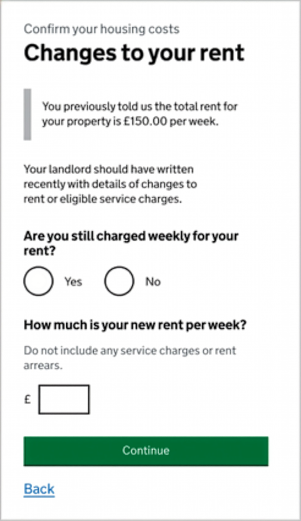 Trivallis Housing Landlord Wales A form titled "Changes to your rent" asks if the user is still charged weekly and the new weekly rent amount, with options to enter details and buttons for "Continue" and "Back.