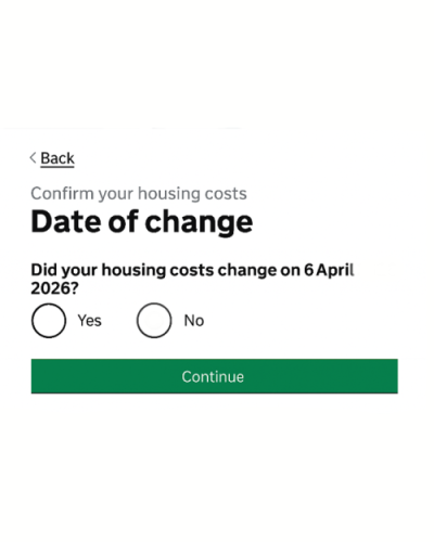 Trivallis Housing Landlord Wales A screen displaying a form titled "Date of change" asking if housing costs changed on 6 April 2026, with Yes and No radio buttons and a green Continue button below.