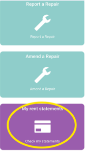 Trivallis Housing Landlord Wales A screenshot shows three buttons: "Report a Repair" with a wrench icon, "Amend a Repair" with a spanner icon, and "My rent statements" with a credit card icon, highlighted by a yellow oval.