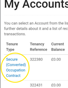 Trivallis Housing Landlord Wales A screenshot of an account summary showing columns for tenure type, tenancy reference, and current balance. The text "Secure (Converted) Occupation Contract" is circled in yellow.