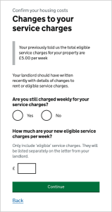 Trivallis Housing Landlord Wales A webpage asks users about changes to their weekly service charges. It includes yes/no options for weekly charges and a field to enter the new amount in pounds, with ‘Continue’ and ‘Back’ buttons at the bottom.