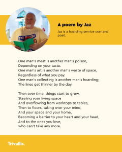 Trivallis Housing Landlord Wales An older person with long white hair and a beard sits reading a "SEX PISTOLS" book. Beside them is a poem about hoarding, featuring black text on a yellow background. Trivallis branding appears in the lower left corner.