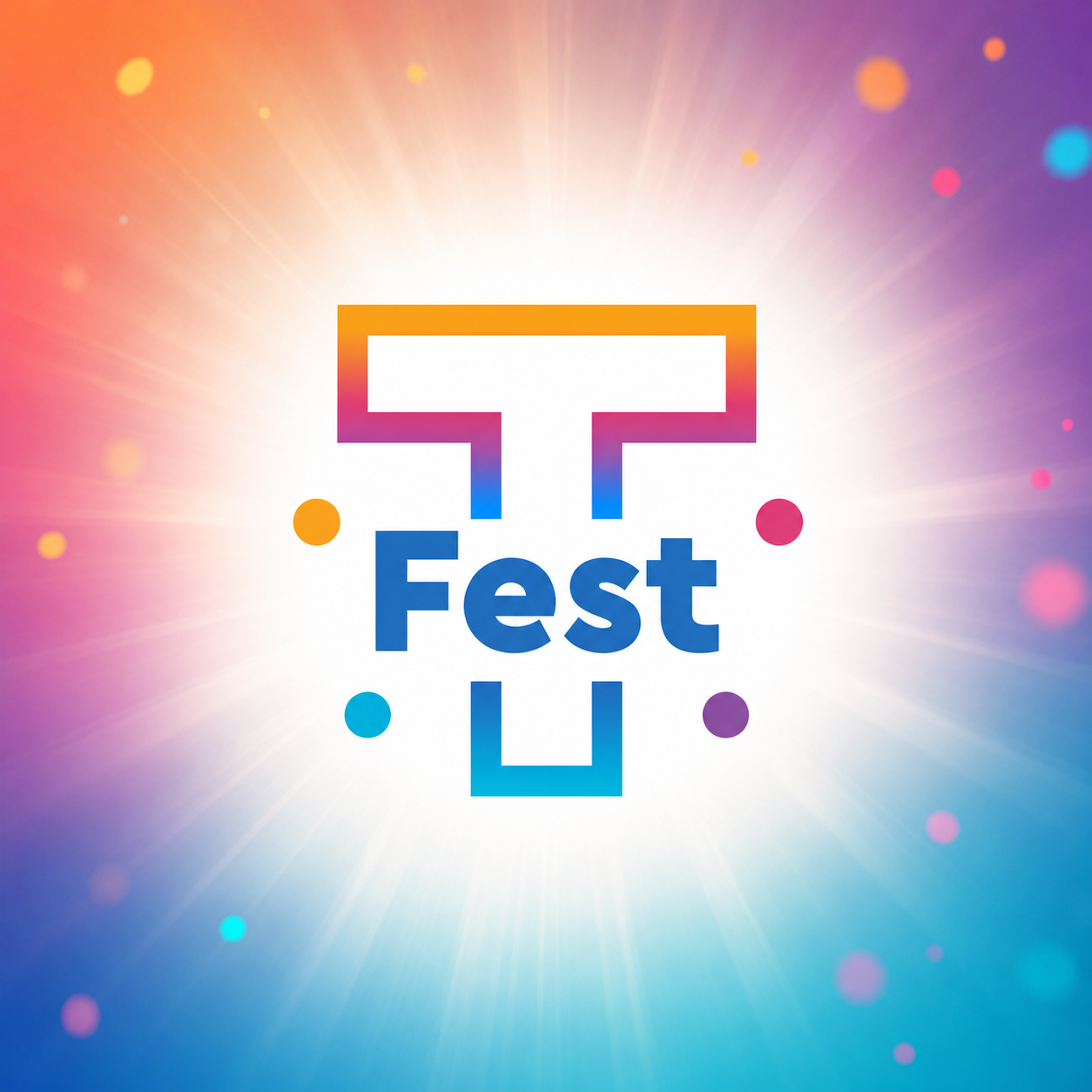 Trivallis Housing Landlord Wales Logo for "T Fest" with a stylized "T" above the word "Fest" and four dots, on a colorful gradient background with burst and bokeh light effects.
