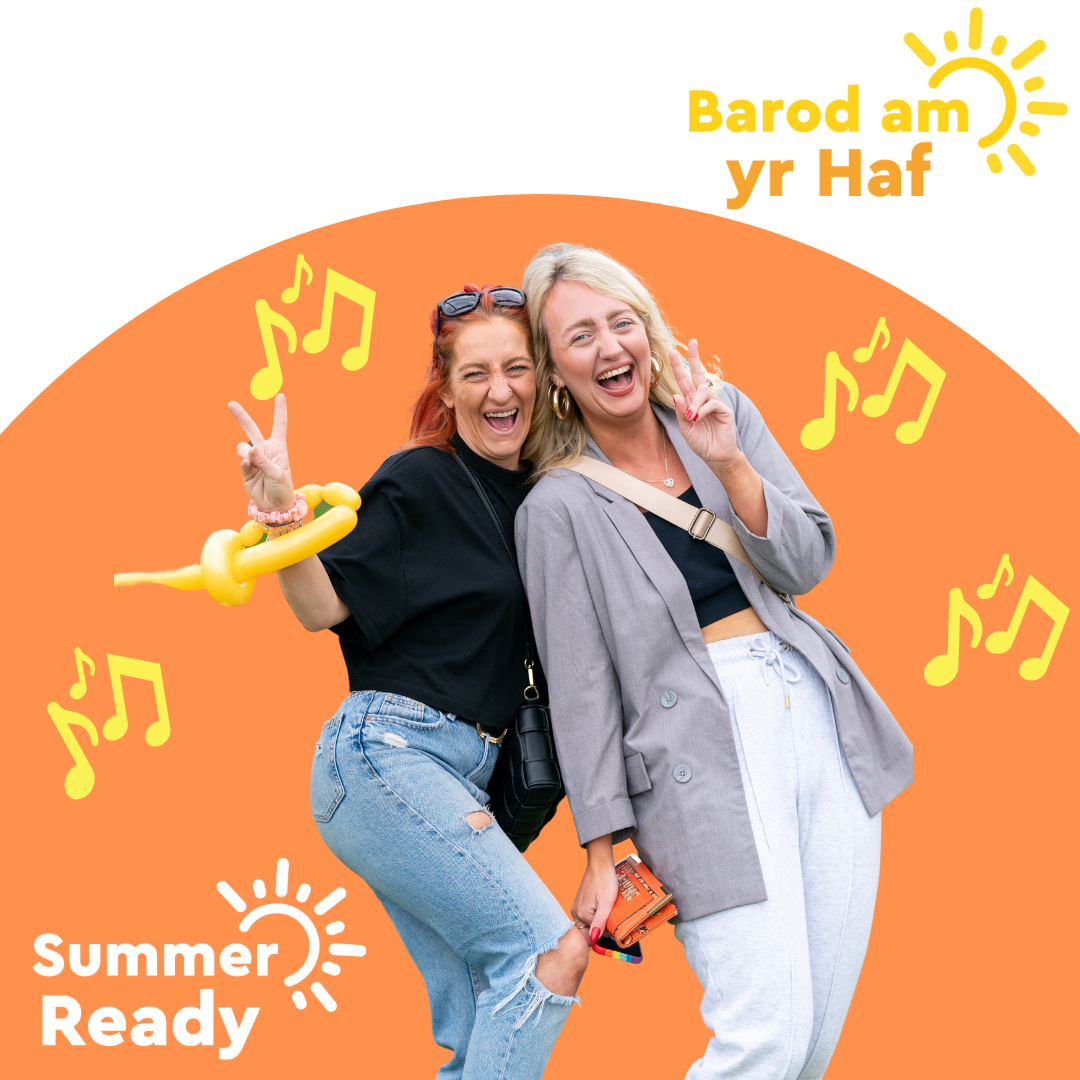 Trivallis Housing Landlord Wales Two smiling women pose together in casual clothes against an orange background with sun and music note graphics. One woman wears a balloon bracelet. The text reads “Barod am yr Haf” and “Summer Ready” with sun illustrations.