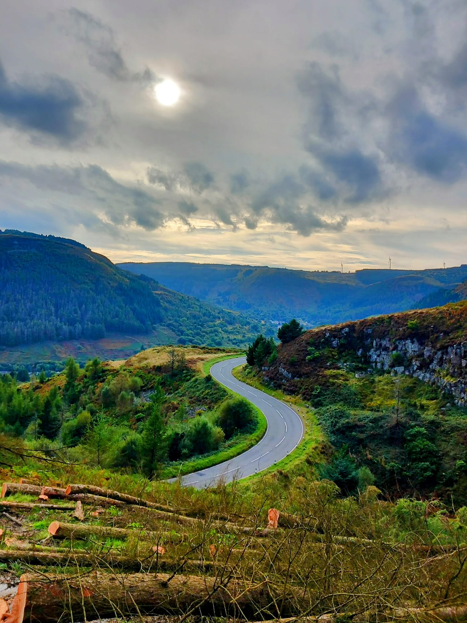 Trivallis Housing Landlord Wales A winding road cuts through a green, hilly landscape under a cloudy sky with the sun partially visible. In the foreground, logs are stacked near the road, and distant hills and forests stretch into the background.