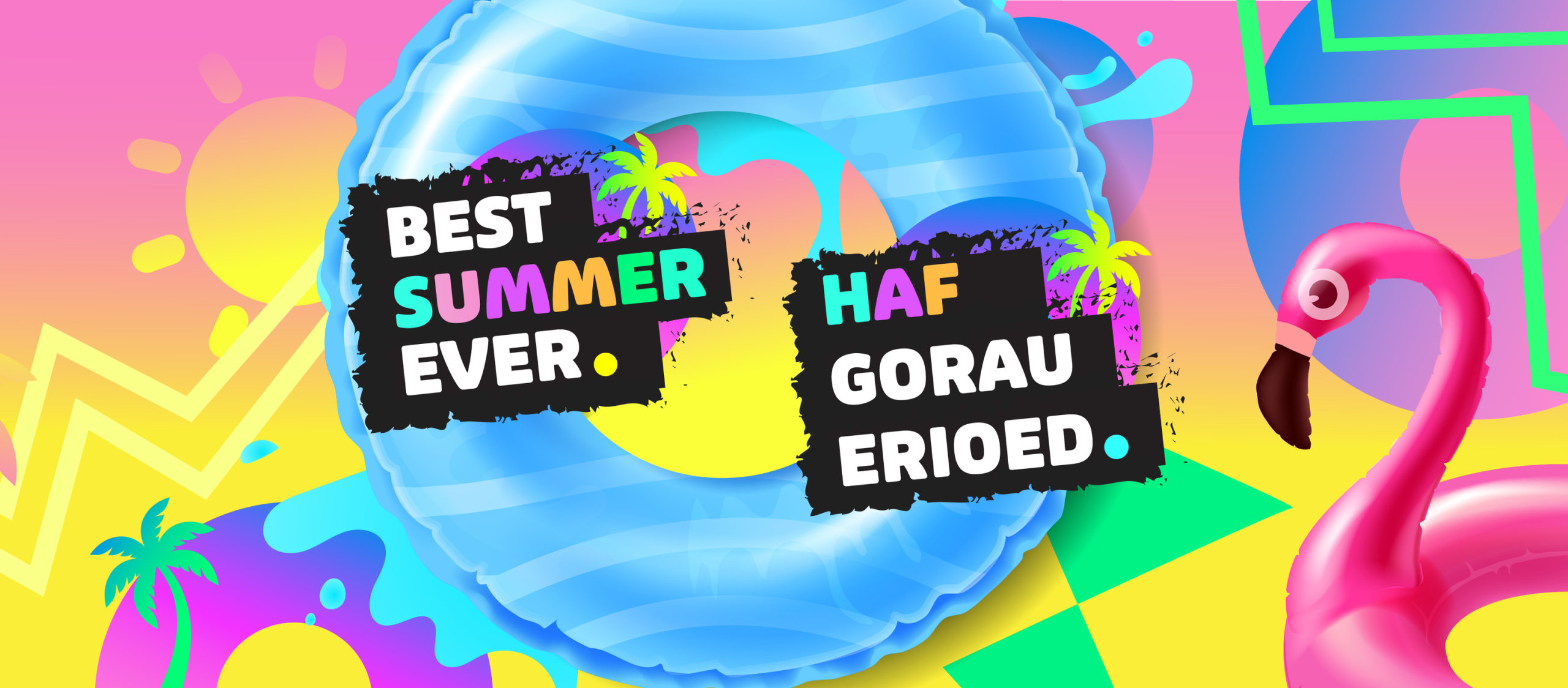 Trivallis Housing Landlord Wales Colorful summer-themed graphic with a blue pool float, neon geometric shapes, palm trees, and a pink inflatable flamingo. Bold text reads "Best Summer Ever" and "Haf Gorau Erioed.