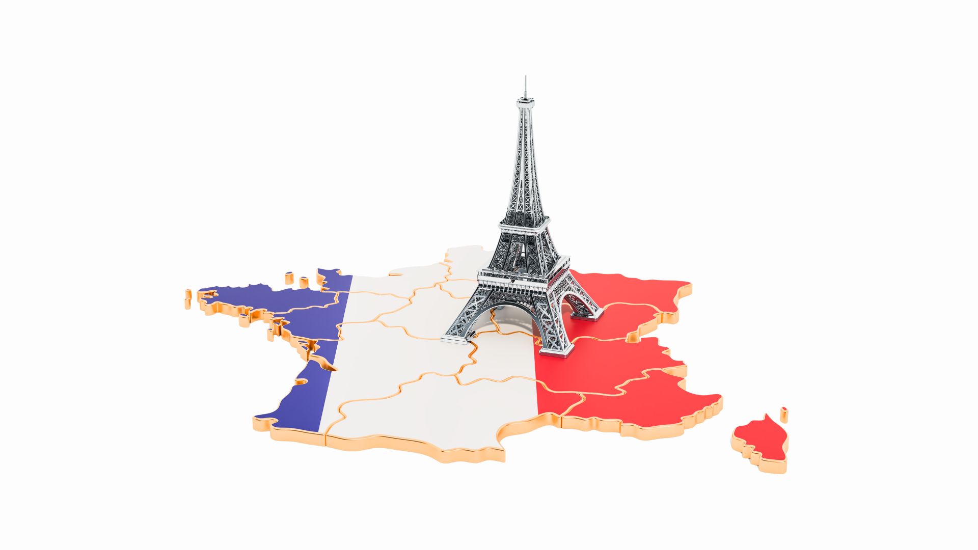 Trivallis Housing Landlord Wales A 3D model of the map of France colored with the French flag, featuring a small replica of the Eiffel Tower standing on top of it. The background is white.