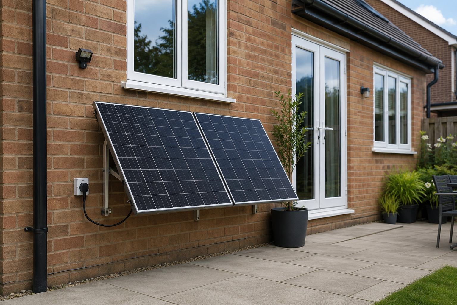 Trivallis Housing Landlord Wales Two solar panels mounted on the exterior brick wall of a house near a window and glass doors, with plants and patio furniture visible in the background.