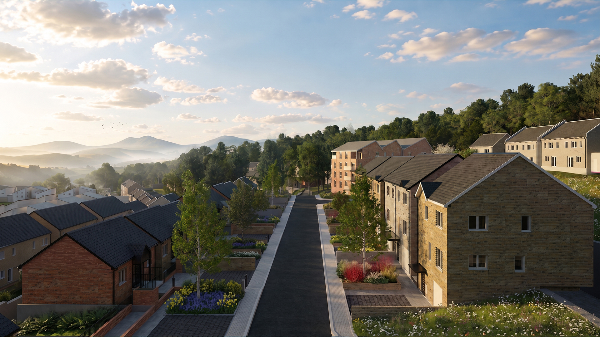 Trivallis Housing Landlord Wales An aerial rendering of a residential street lined with multi-storey brick homes, surrounded by trees and distant hills under a sunset sky.
