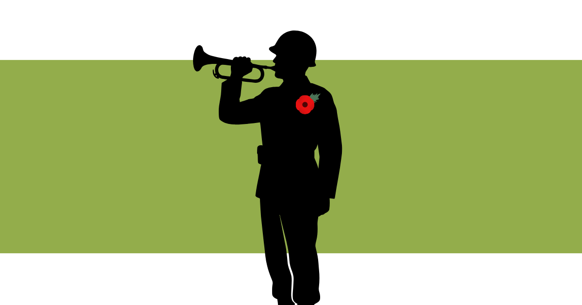 Trivallis Housing Landlord Wales A black silhouette of a soldier playing a bugle, featuring a red poppy pinned to their chest against a green horizontal band.